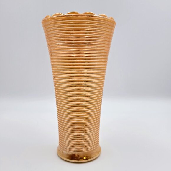 Vintage Peach Luster Fire King Milk Glass Vase With Ribbed Design Scalloped Edge - Picture 5 of 11